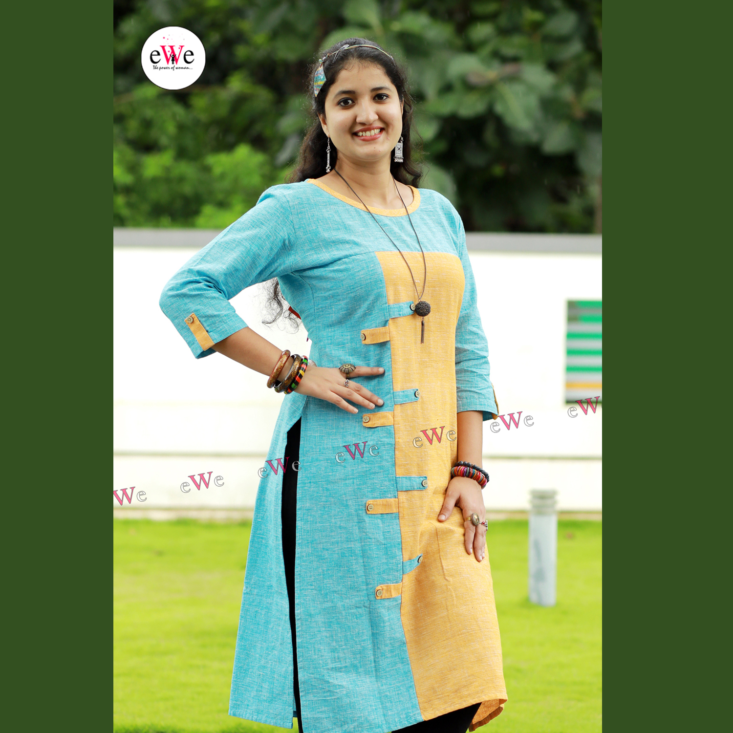 Khadi Designer Kurti Yellow Blue